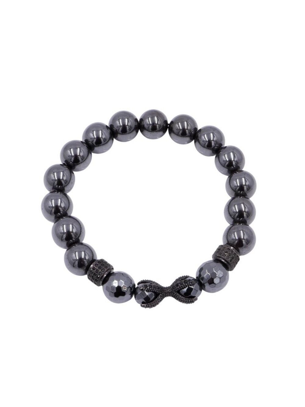 Hematite Stretch Bracelet Black CZ Infinity Accent Gunmetal Beads 7.9 Inches